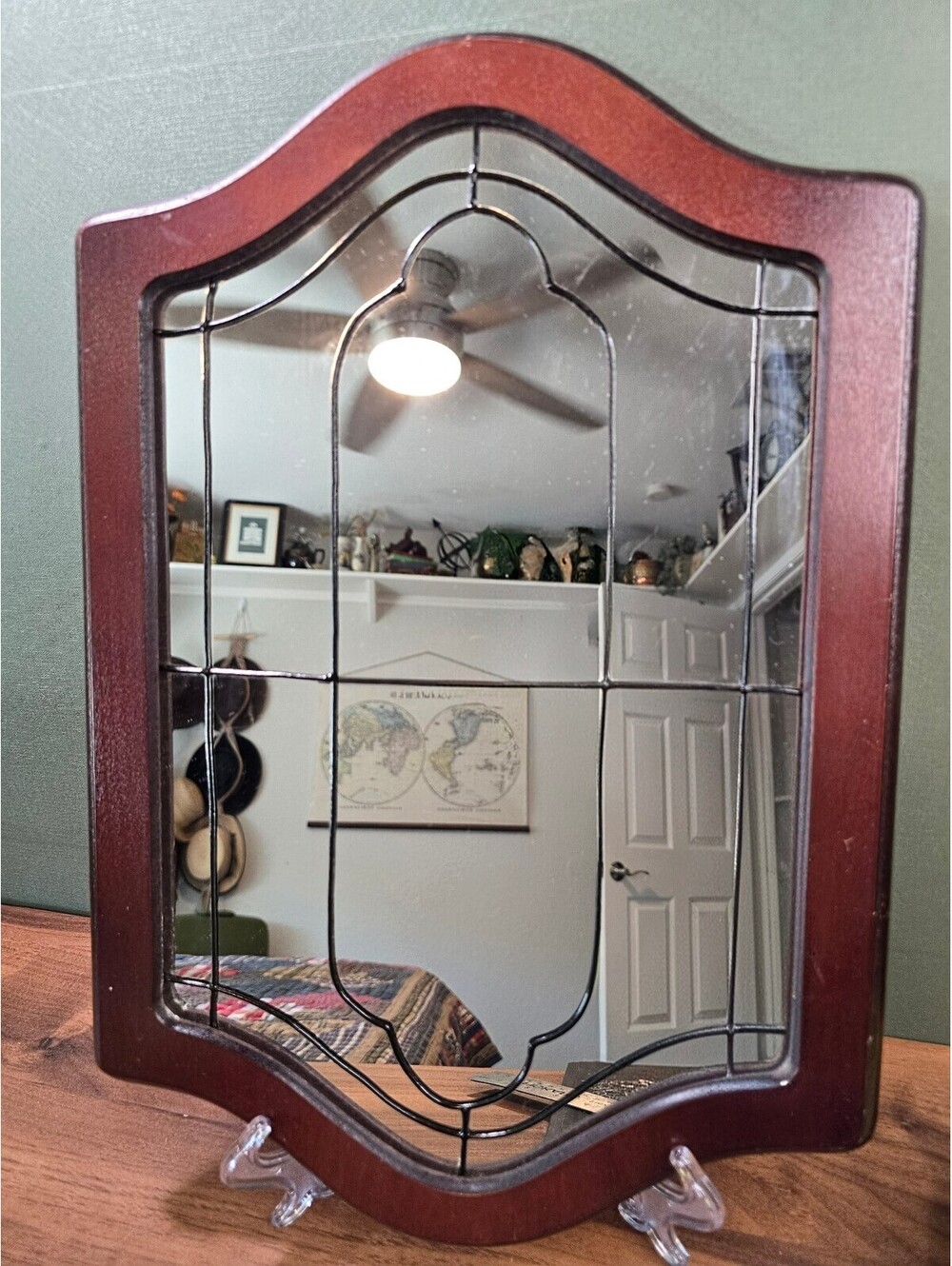 Vintage Decorative Wood Framed Wall Mirror with Decorative Leaded Glass